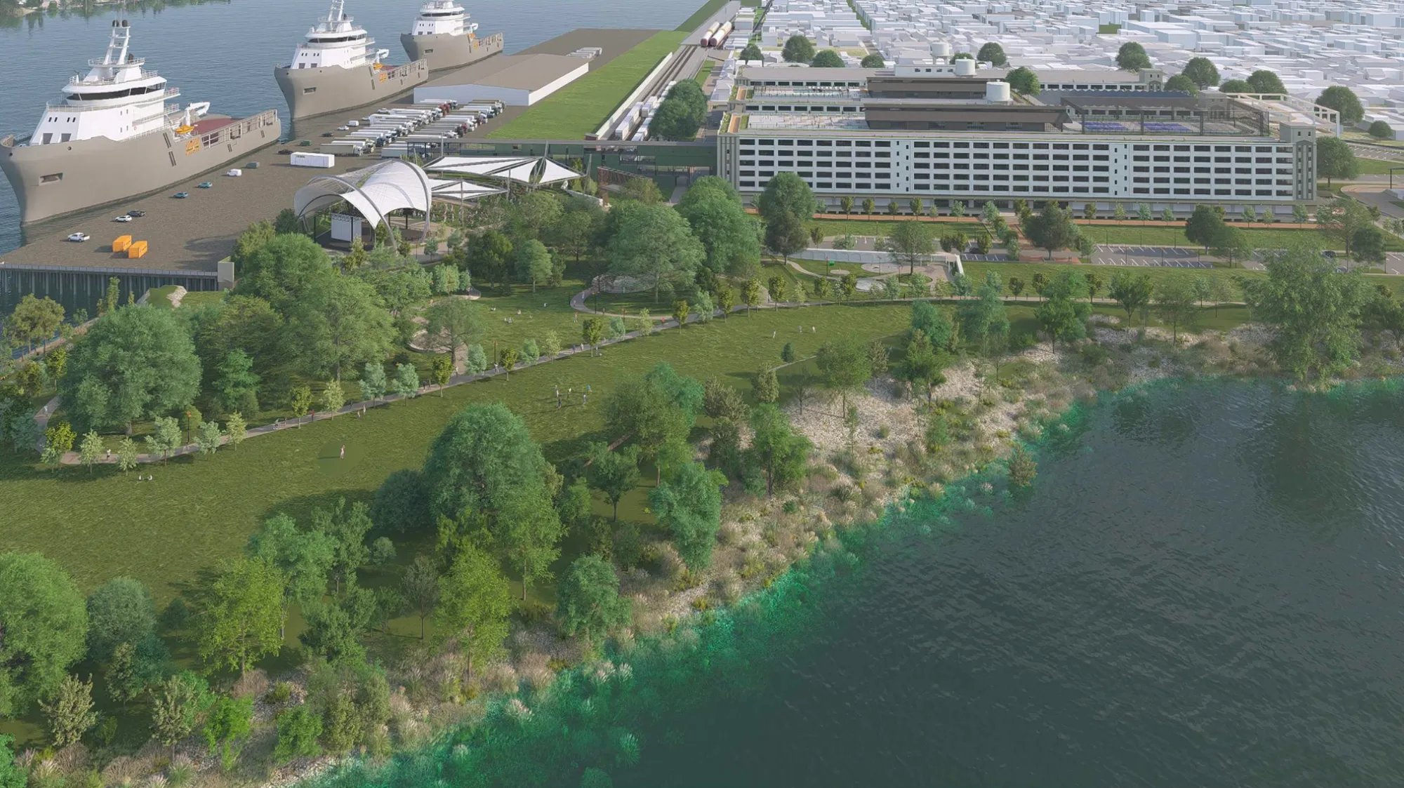 Riverfront estuary park aerial — Bywater Navy Yard